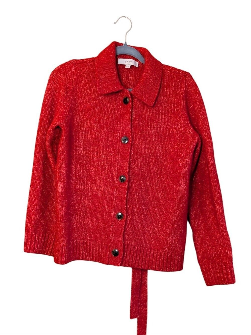 LOFT Red Speckled Collared Cardigan Sweater ribbed trim shacket size Medium belt